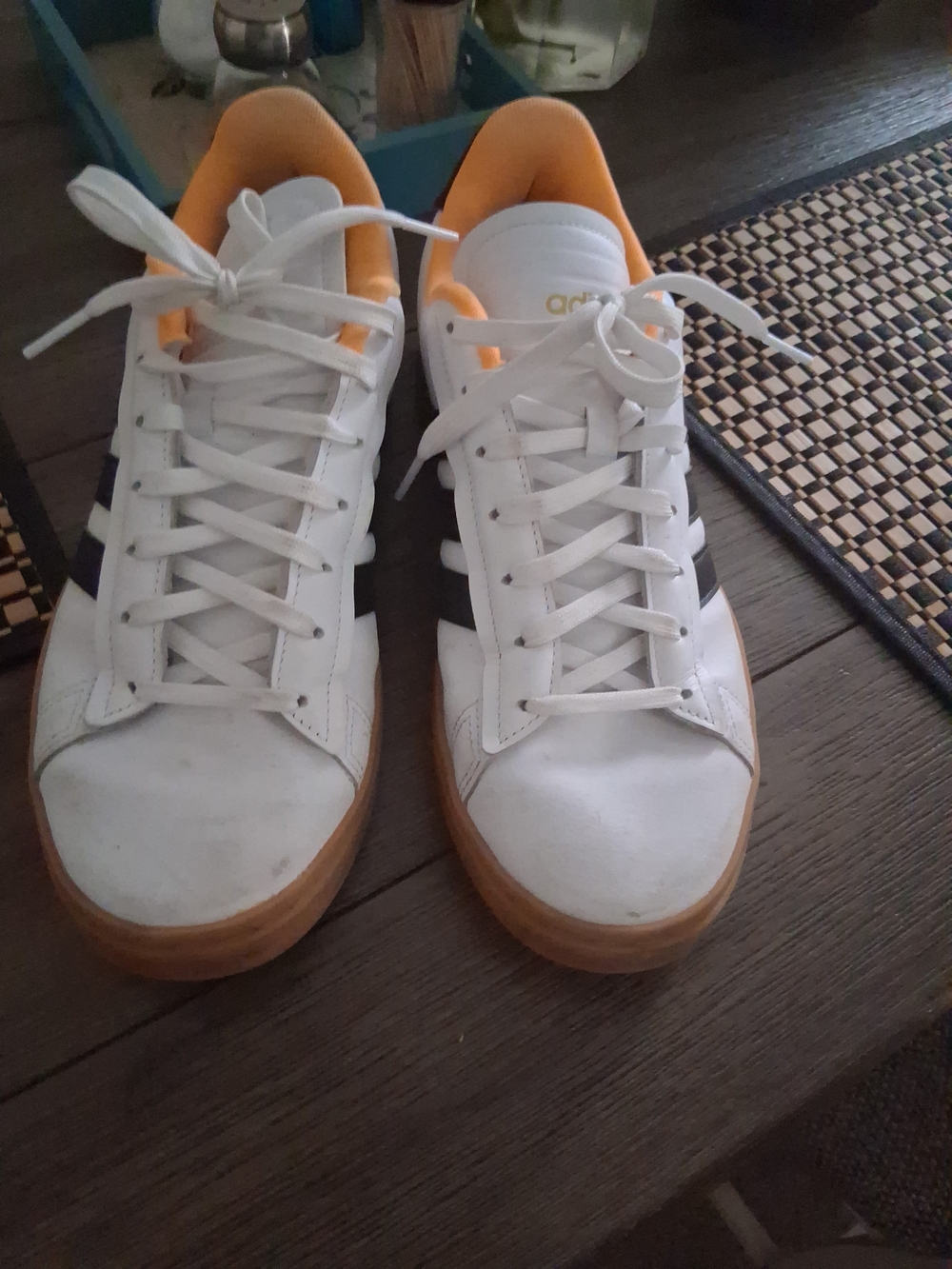 adidas White Sneakers with Black Stripes and Orange Lining Worn Twice